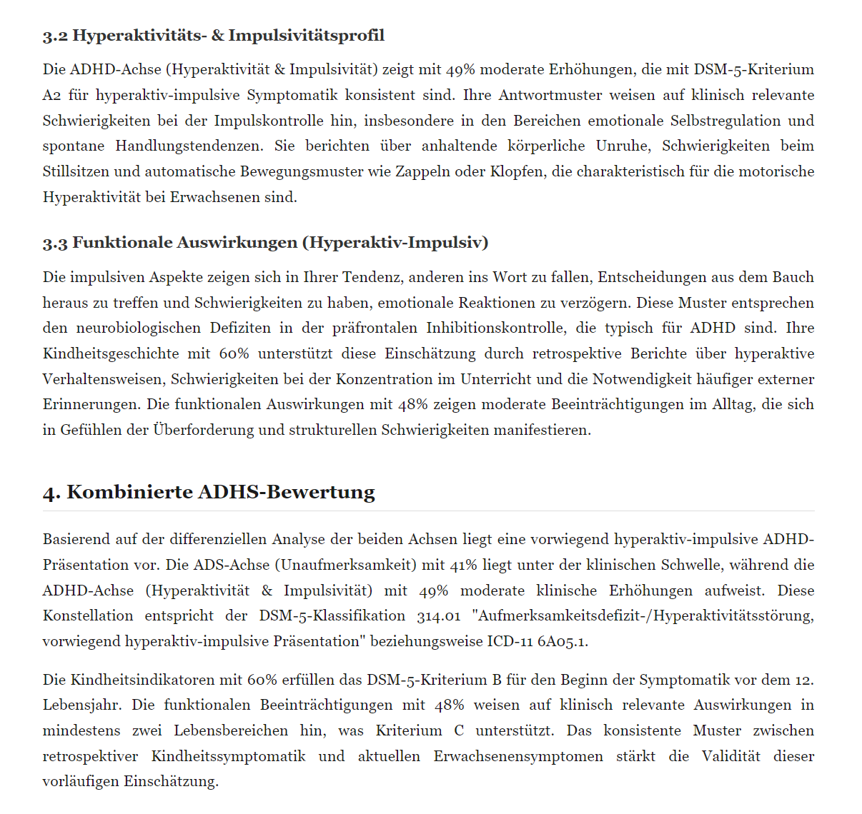 Example neurodivergence screening report with detailed clinical analysis and recommendations